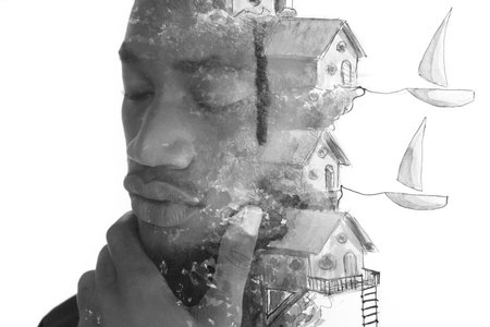 A portrait of a man combined with an ink drawing in a double exposure technique.