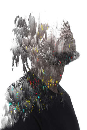 A black and white portrait of a man with colorful visual distortion.