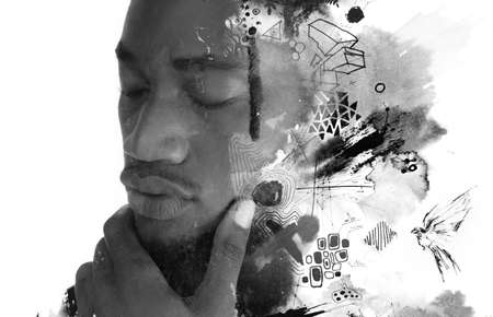 A portrait of a man combined with an abstract ink painting. Paintography