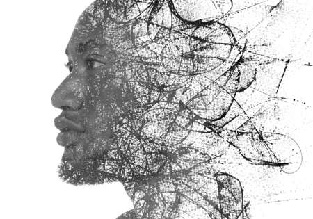 A portrait of a young man combined with black ink lines. Paintography.の写真素材