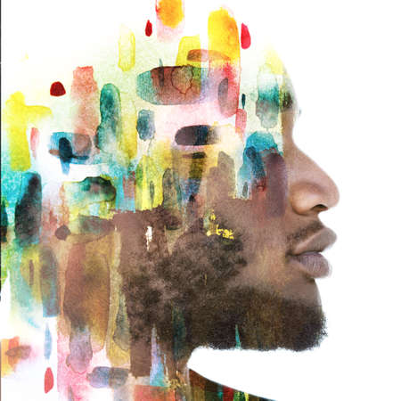 Paintography. Colorful brush strokes combined with a portrait of a young manの写真素材