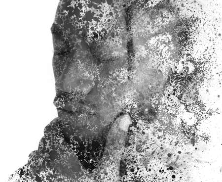 Paintography. A black and white portrait of a man combined with ink splashes.