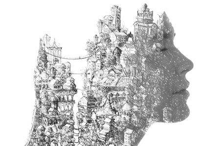 Paintography. A drawing of a busy town combined with a portrait of a woman