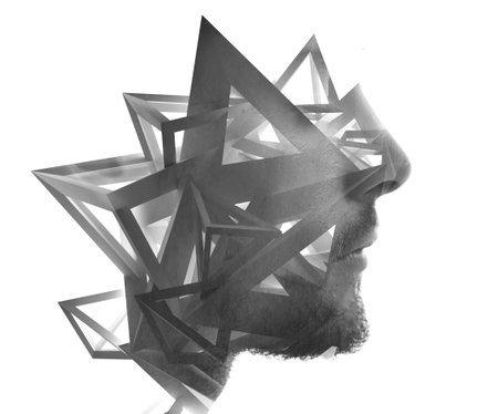 Abstract sharp shapes blended with a portrait