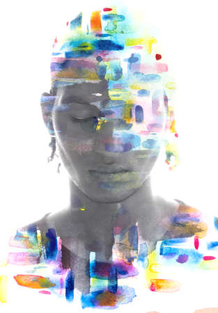 Paintography. Creative portrait of a man depicting a concept of solitudeの写真素材