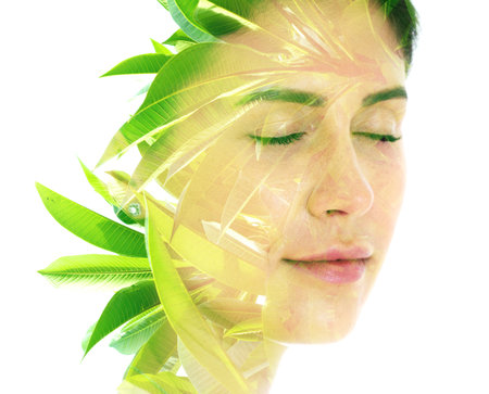 An image of a leafy branch combined with a portrait