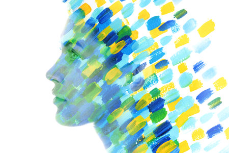 Paintography. Blue and yellow abstract painting mixed with a portrait of a womanの写真素材