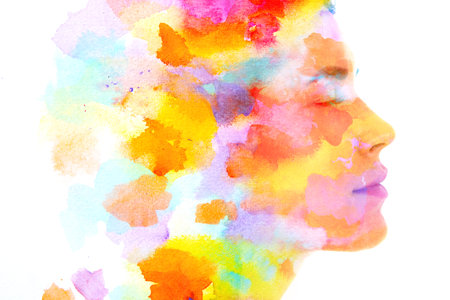 Paintography. Colorful watercolor wash combined with a portrait of a womanの写真素材