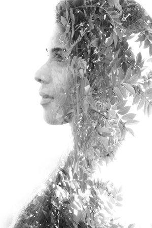 Classic monochromatic double exposure portraitの写真素材