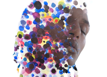 Paintography. Portrait of a young man combined with a dotted pattern painting.の写真素材