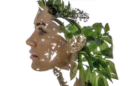 Double exposure portrait of a pensive womanの写真素材