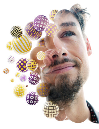 A portrait of a young man combined with digital graphicsの写真素材
