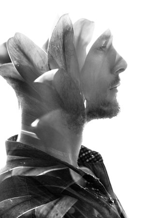 Black and white double exposure portraitの写真素材