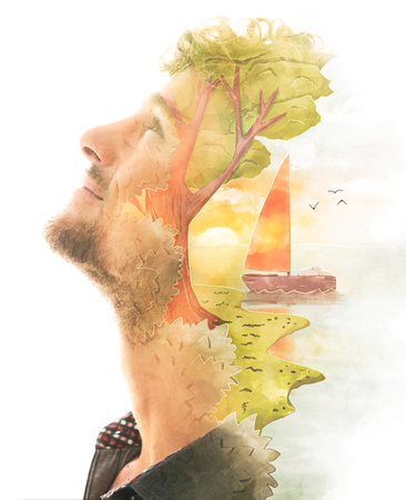 Paintography. A Portrait of a smiling man mixed with a painting of a boatの写真素材