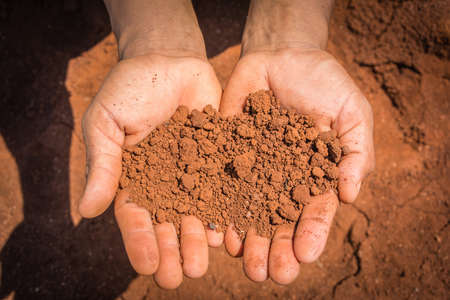 Red and dry soil on the hands in the drought land.