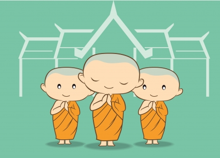 Three monks with green background templeのイラスト素材