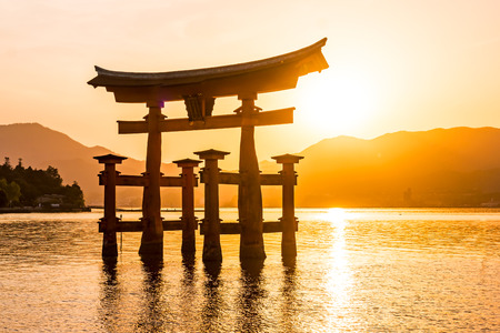 sunset with Japan gate O-Torii in Miyajimaのeditorial素材