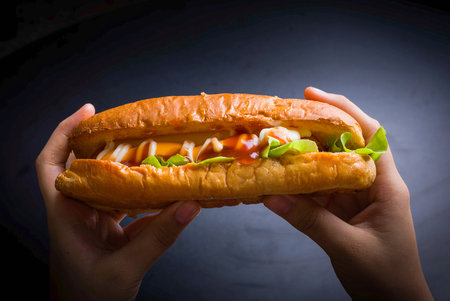 Hot dog in a woman's hand on a dark background. Toned.の写真素材