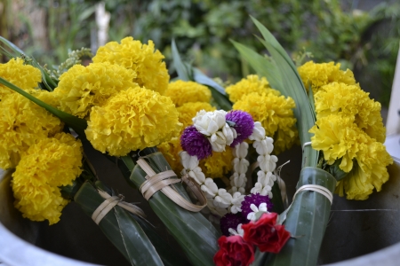 Marigold flowers and garlands for worship 