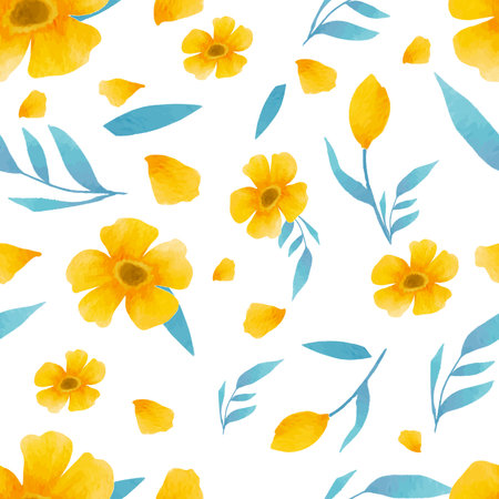 Seamless pattern with watercolor yellow flowers and leaves on white backgroundのイラスト素材