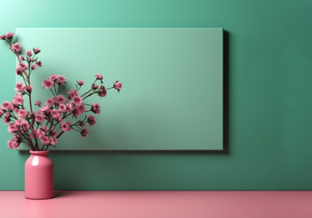 3d render of vase with pink flowers on green wall background. copy spaceの素材