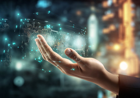 Close up of businesswoman hand touching media screen with world map conceptの素材