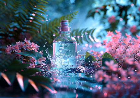 bottle of perfume on a background of flowers, close-upの素材