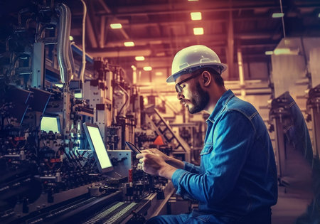 Engineer working on a machine in a factory. Industrial background.の素材