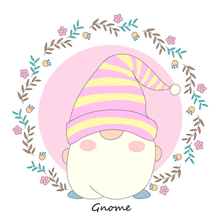 Cute gnome in a hat with flowers. Vector illustration.のイラスト素材