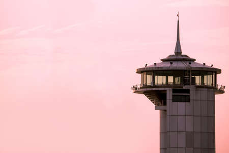 city view tower with pink skyの写真素材