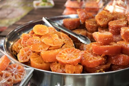 Conserve fruits, bale fruits dried with sugar, local market thailandの写真素材