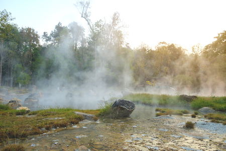 Morning fog over hot spring at Chae Sorn National Park, Thailandの写真素材