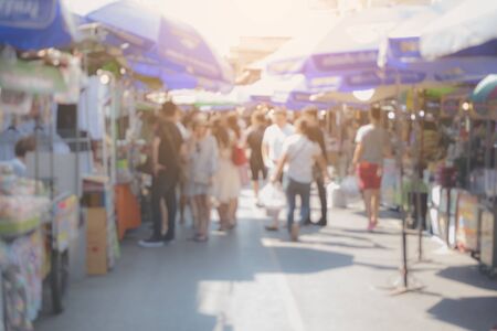 Abstract blur tourist shopping in Amphawa Floating Market, weekend thai market outdoor in  Thailand backgroundの写真素材