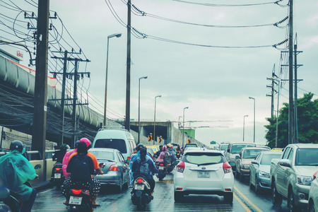 Bangkok, Thailand - August 17, 2017: Traffic moves slowly along a busy road in Bangkok, Thailand. Bangsue junction New MRT at SCG to Tao Pun junctionのeditorial素材