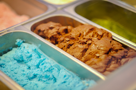 Close up colorful ice cream tray on a restaurantの写真素材