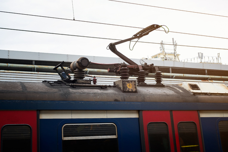 Electric train trolley pole railway electrification system, overhead systemの写真素材