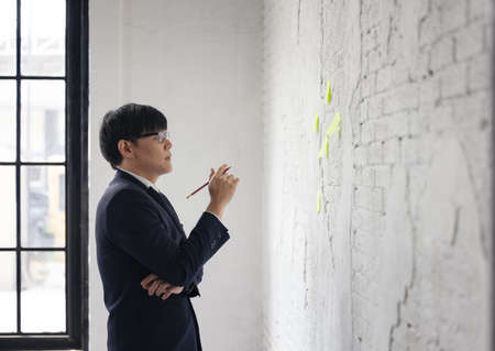 Portrait of businessmen post-it wall brick, Creative employee working in office