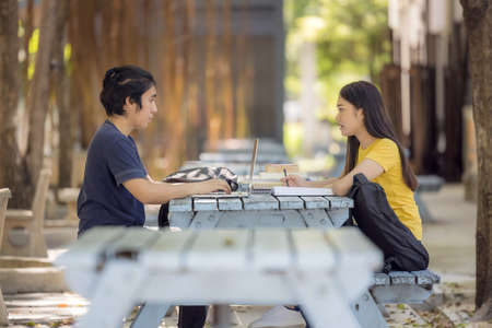 At the public park, a happy young couple using a laptop sits at a table.の写真素材
