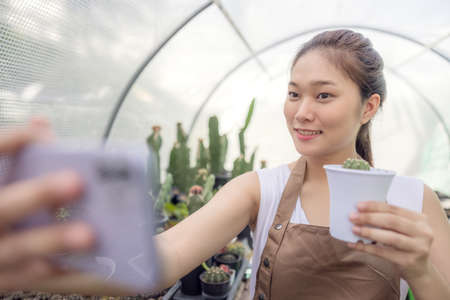 Asia woman enjoys gardening with cactus and is the proprietor of a start-up company that sells trees online.の写真素材