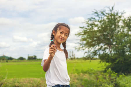 In an organic farmed rice field, happy Asian youngsters smile towards the sky.の写真素材