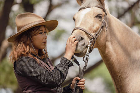 At sunset, a beautiful sensual girl and her horse go through the woods. Horses are adored by girls.の写真素材