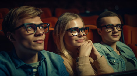 A group of friends sits in a multiplex movie theater. Young folks in a movie theater, Generative AIの素材