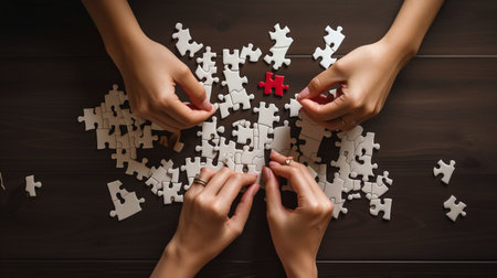 Hands stroking puzzle heart parts from above, Generative AIの素材