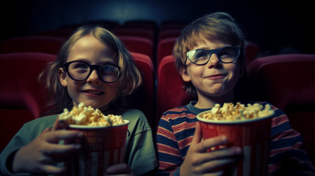 A group of friends sits in a multiplex movie theater. Young folks in a movie theater, Generative AIの素材