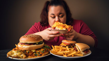 obese woman with eating disorder, bad diet, and generative AIの素材