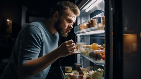 Man removing food from the refrigerator, generative AIの素材