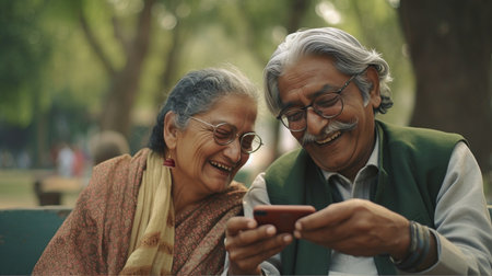 Picture of a senior couple sitting on a park bench in New Delhi, staring at their phone and laughing. Generative AIの素材