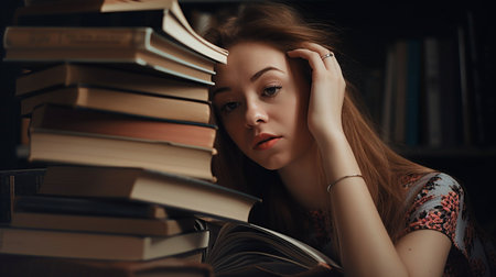 Cheerful woman at office with a book collection, Generative AIの素材