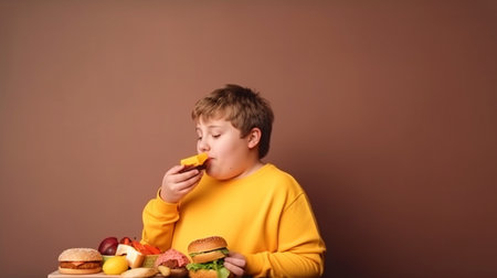 As a youth medical dieting concern, healthy food as a side view of a chubby and normal kid with a stomach produced from junk food or health elements, Generative AIの素材