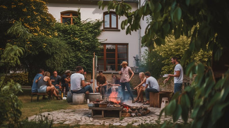 Generative AI concept of a convivial time, with a group of friends gathering around a BBQ, to spend a moment of relaxation beneath the sun of a summer day.の素材